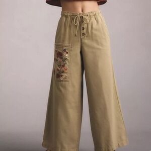 Anthropologie PILCRO Embroidered boho Wide Leg Pants Khaki Drawstring Pockets